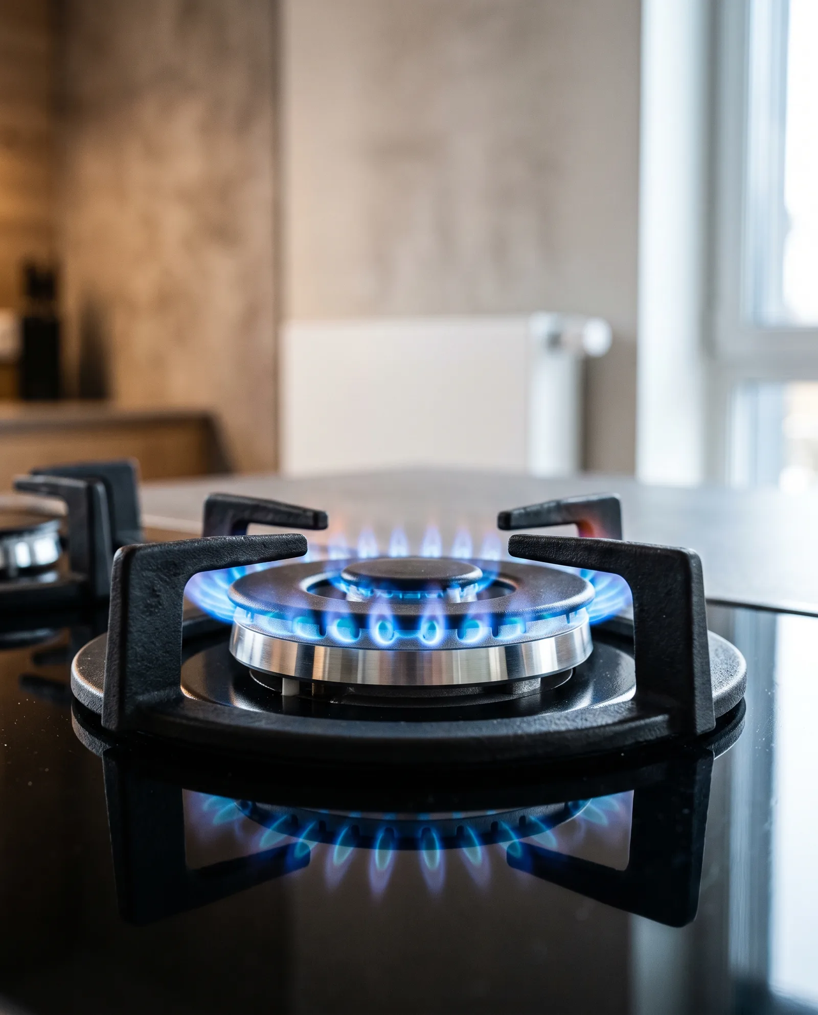 Bolletta della luce e del gas su un tavolo accanto a una calcolatrice e a un termostato da parete